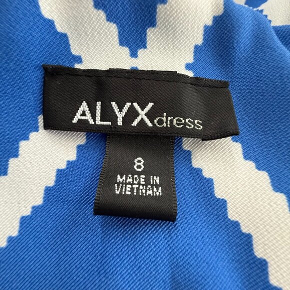 ALYX Sheath Dress Geometric Blue & White Sleeveless Boat Neck Size 8 Work Office - Picture 3 of 14